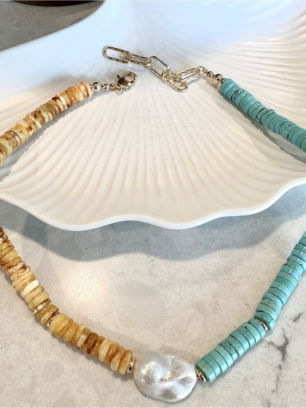 Amber Heishi Turquoise Baroque Pearl Necklace Gold Tone Handmade
